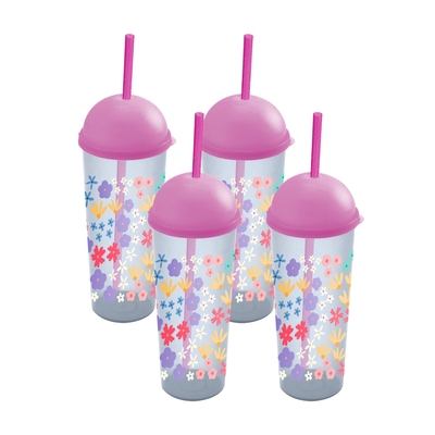 VASO 473.1 mL (16 fl oz) ROSADO DISEÑO FLORAL CON TAPA DOMO Y PAJILLA