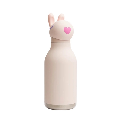 BOTELLA 473.18 mL ACERO INOXIDABLE BLANCO-ROSADO DISEÑO CONEJO CON PAJILLA
