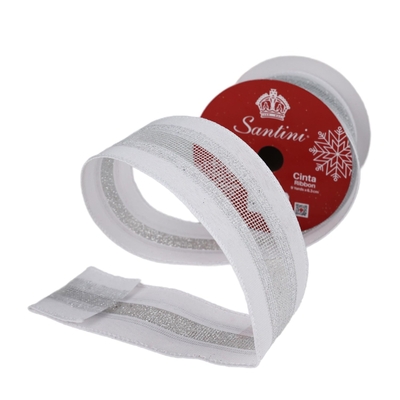 LISTON NAVIDAD 6.3 cm x 8.2 m (9 yd) BLANCO-PLATA CALADO