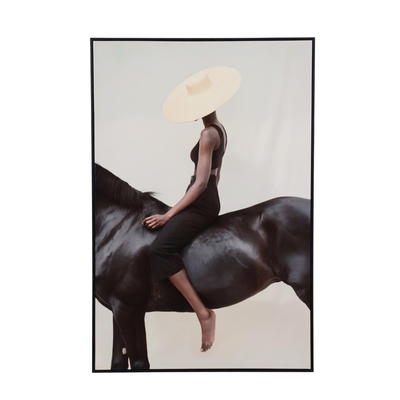 CUADRO DECORATIVO 120 cm x 80 cm MUJER A CABALLO NEGRO-BLANCO