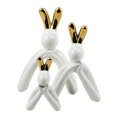 FIGURA CONEJO DECORATIVO 26.5 cm x 20 cm x 15 cm CERAMICA BLANCO-DORADO