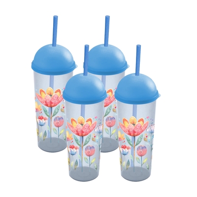 VASO 473.1 mL (16 fl oz) CELESTE DISEÑO FLORAL CON TAPA DOMO Y PAJILLA