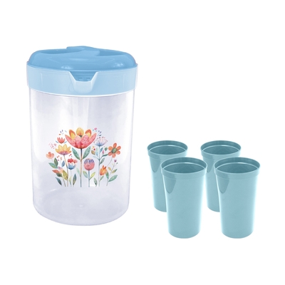 PICHEL 3 L PLASTICO DISEÑO FLORAL TAPA CELESTE + 4 VASOS 650.62 mL
