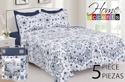 CUBRECAMA DE MICROFIBRA DISEÑO ESTAMPADO BLANCO-AZUL FLORES TWIN