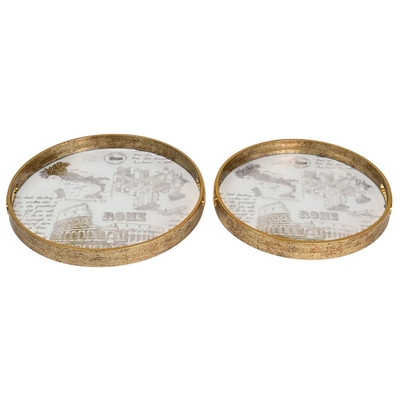BANDEJA DECORATIVA 40 cm x 40 cm VIDRIO REDONDO DORADO-BLANCO MARMOLEADO