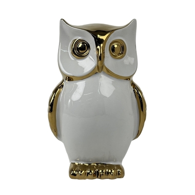 FIGURA BUHO DECORATIVO 21 cm x 14 cm CERAMICA BLANCO-DORADO