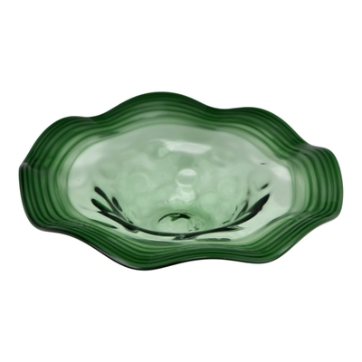 CENTRO MESA 42 cm x 42 cm VIDRIO VERDE BORDE FLOR BLANCO