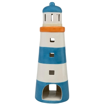 FIGURA FARO DECORATIVO 32 cm x 12 cm x 12 cm CERAMICA BLANCO-CELESTE-ANARANJADO