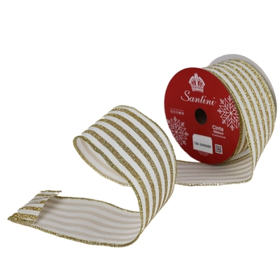 LISTON NAVIDAD 6.3 cm x 8.2 m (9 yd) BLANCO-DORADO LINEAS CON BRILLO