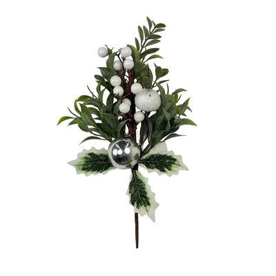 PICK NAVIDAD 27 cm RAMA HOJA-BOLA VERDE-BLANCO-PLATA