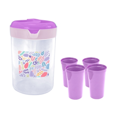 PICHEL 3 L PLASTICO DISEÑO HOJAS TAPA LILA + 4 VASOS 650.62 mL
