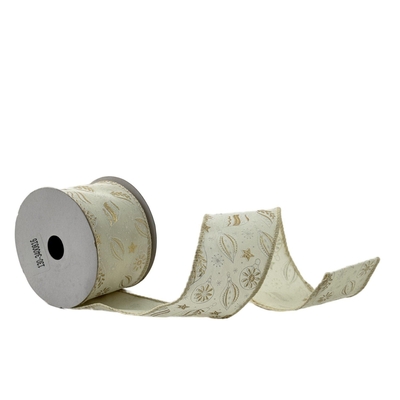 LISTON NAVIDAD 6.3 cm x 8.2 m (9 yd) CREMA-DORADO BOLAS NAVIDAD