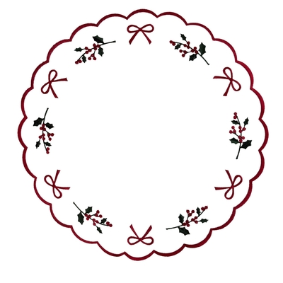 INDIVIDUAL NAVIDAD 38 cm REDONDO MARFIL CON LAZO ROJO-MUERDAGO BORDE ONDULADO