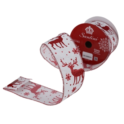 LISTON NAVIDAD 6.3 cm x 8.2 m (9 yd) BLANCO-ROJO RENOS
