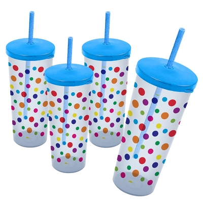 VASO ALTO CON PAJILLA 475 mL DECORADO PUNTOS TAPA AZUL
