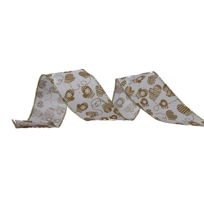 LISTON NAVIDAD 6.3 cm x 8.2 m (9 yd) BLANCO-DORADO GUANTES