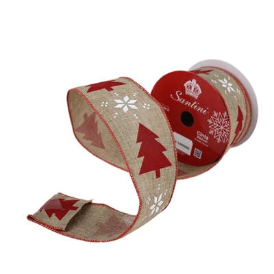 LISTON NAVIDAD 6.3 cm x 8.2 m (9 yd) ROJO-BLANCO-YUTE ARBOLITOS