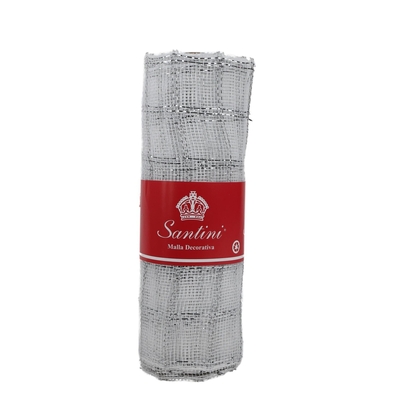 MALLA NAVIDAD 25 cm x 8.2 m (9 yd) BLANCO CON CUADRICULA PLATA