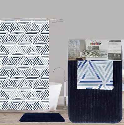 CORTINA PARA BAÑO POLIESTER DISEÑO TRIANGULOS BLANCO-AZUL-AQUA CON GANCHOS Y ALFOMBRA
