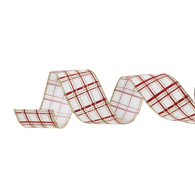 LISTON NAVIDAD 6.3 cm x 8.2 m (9 yd) BLANCO-DORADO-ROJO CUADROS