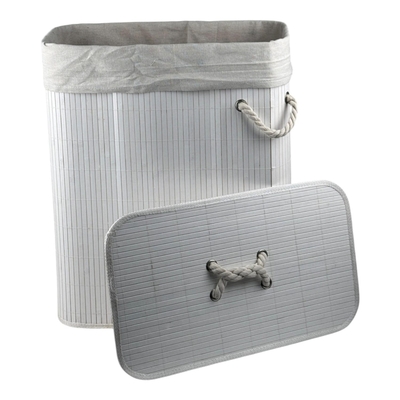 CESTA PARA LAVANDERIA 50 cm x 26 cm x 46 cm MADERA-POLIESTER BLANCO CON AGARRADERO Y TAPA