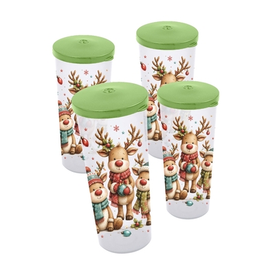 VASOS ALTO 475 mL PLASTICO TRANSPARENTE CON TAPA VERDE DISEÑO RENOS