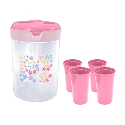 PICHEL 3 L PLASTICO DISEÑO FLORAL TAPA ROSADO + 4 VASOS 650.62 mL