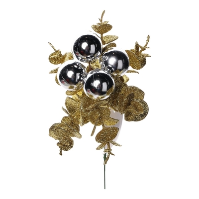 PICK NAVIDAD 22 cm RAMA HOJA-BOLA DORADO-PLATA