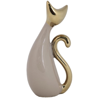 FIGURA GATO DECORATIVO 21.5 cm x 10.5 cm CERAMICA ROSADO-DORADO