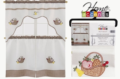 CORTINA PARA COCINA POLIESTER BLANCO-CAFE DISEÑO CANASTA DE FRUTAS
