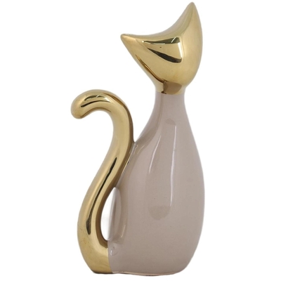 FIGURA GATO DECORATIVO 17 cm x 8.7 cm CERAMICA ROSADO-DORADO