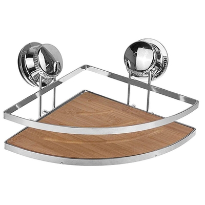 ORGANIZADOR PARA DUCHA ESQUINERO DE METAL CROMADO-BAMBU DE SUCCION 20 cm x 20 cm x 15 cm