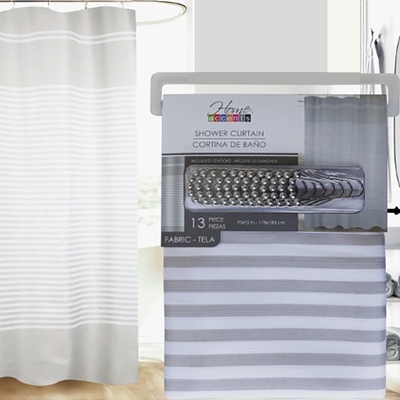 CORTINA PARA BAÑO 178 cm x 183 cm POLIESTER DISEÑO RAYAS BLANCO-GRIS CON GANCHO
