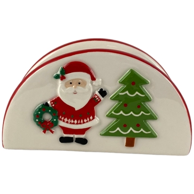 SERVILLETERO NAVIDAD 13 cm x 4.8 cm x 7.5 cm CERAMICA BLANCO-ROJO SANTA CON ARBOL