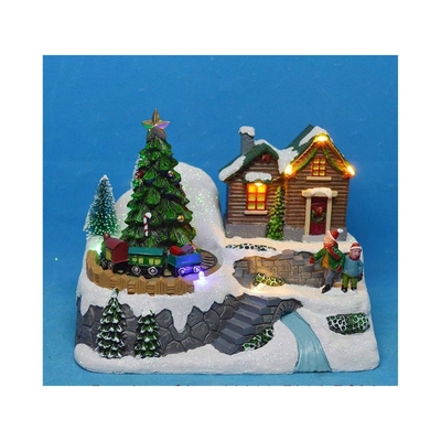 VILLA NAVIDAD CASA CON ARBOL-TREN CON LUZ-MUSICA A BATERIA14.5 cm x 18 cm x 12.5 cm