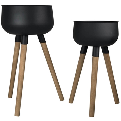 MACETA DECORATIVA 60 cm x 31 cm METAL NEGRO CON BASE CAFE