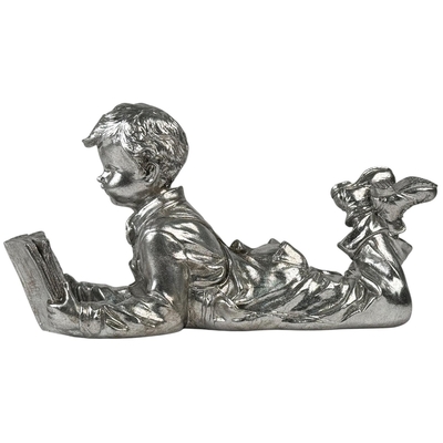 FIGURA NIÑO CON LIBRO DECORATIVA 17 cm x 32 cm x 13.5 cm CERAMICA PLATA