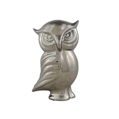FIGURA BUHO DECORATIVO 21 cm x 10.5 cm CERAMICA PLATA BRILLANTE