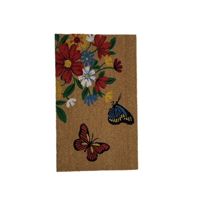 ALFOMBRA 45 cm x 75 cm FIBRA COCO DISEÑO FLORES-MARIPOSA MULTICOLOR