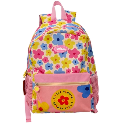 MOCHILA INFANTIL 41 cm POLIESTER ROSADO-CELESTE-AMARILLO DISEÑO FLORES