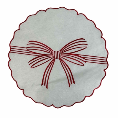 INDIVIDUAL NAVIDAD 38 cm REDONDO MARFIL CON LAZO ROJO BORDE ONDULADO