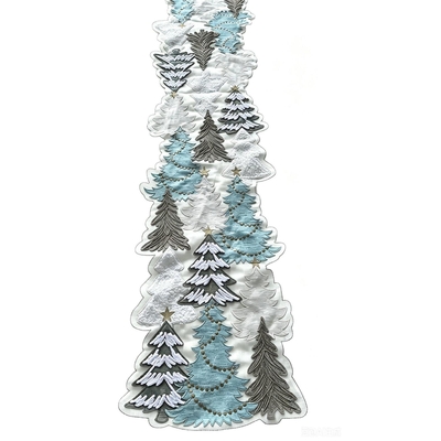CAMINO DE MESA NAVIDAD 182 cm x 35 cm BLANCO ARBOLES VERDE-CELESTE-DORADO