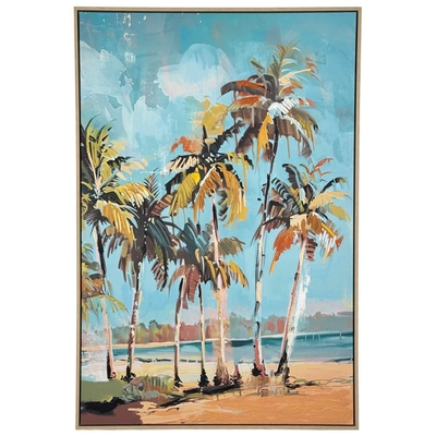 CUADRO DECORATIVO 122.6 cm x 82.6 cm PLAYA CON PALMERA VERDE-CELESTE-CAFE