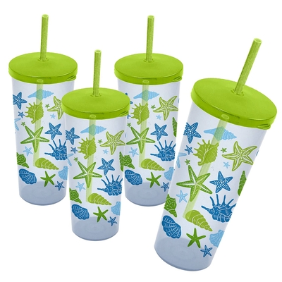 VASO ALTO CON PAJILLA 475 mL DECORADO MARINO TAPA VERDE