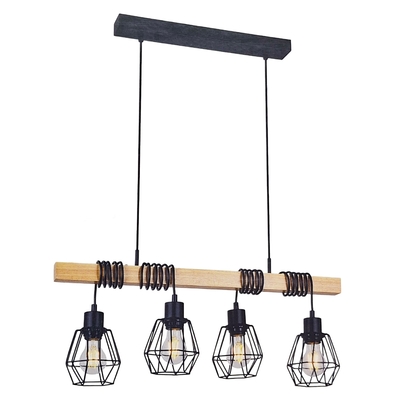 LAMPARA PENDANT 4 LUCES E27 NEGRO BARRA MADERA