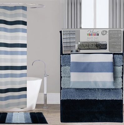 CORTINA PARA BAÑO POLIESTER DISEÑO RAYAS BLANCO-AZUL-CELESTE CON GANCHOS Y ALFOMBRA