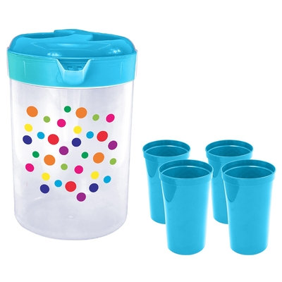 PICHEL 3 L PLASTICO DISEÑO PUNTOS TAPA AZUL + 4 VASOS 651 mL