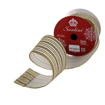 LISTON NAVIDAD 6.3 cm x 8.2 m (9 yd) DORADO-BLANCO CON BRILLO