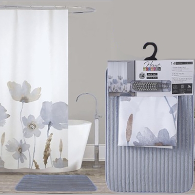 CORTINA PARA BAÑO POLIESTER DISEÑO FLORES BLANCO-CELESTE-BEIGE CON GANCHOS Y ALFOMBRA