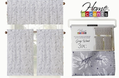CORTINA PARA COCINA POLIESTER GRIS-BLANCO DISEÑO HOJAS